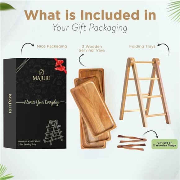 3 Tier Wooden Serving Tray, Set of 2 Tongs Free, Tiered Serving Trays & Platters - Picture 2 of 8